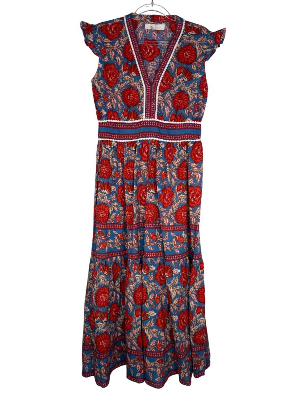 Bindu Celine Dress in Blue with Red Flowers Size Small